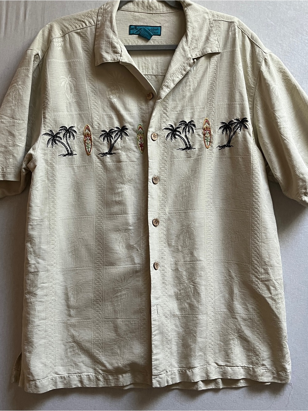 Paradise Blue 100% Silk Hawaiian Shirt Embroidered Surfboard Palm Tree L